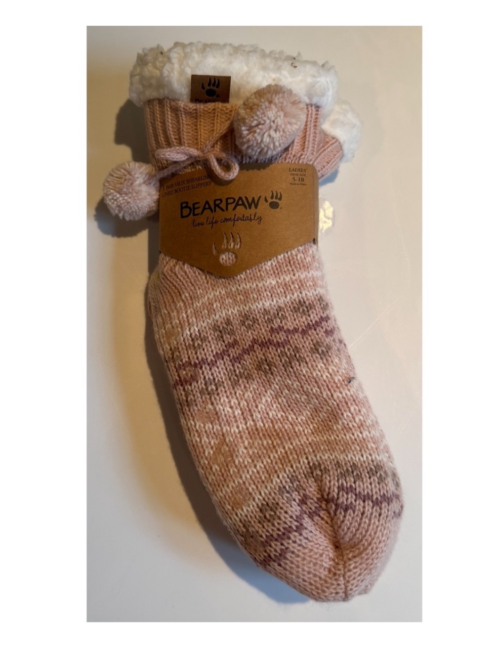 BearPaw nwt Pink Marled Knit Sherpa Slipper Socks with Pom Trim women’s 5-10